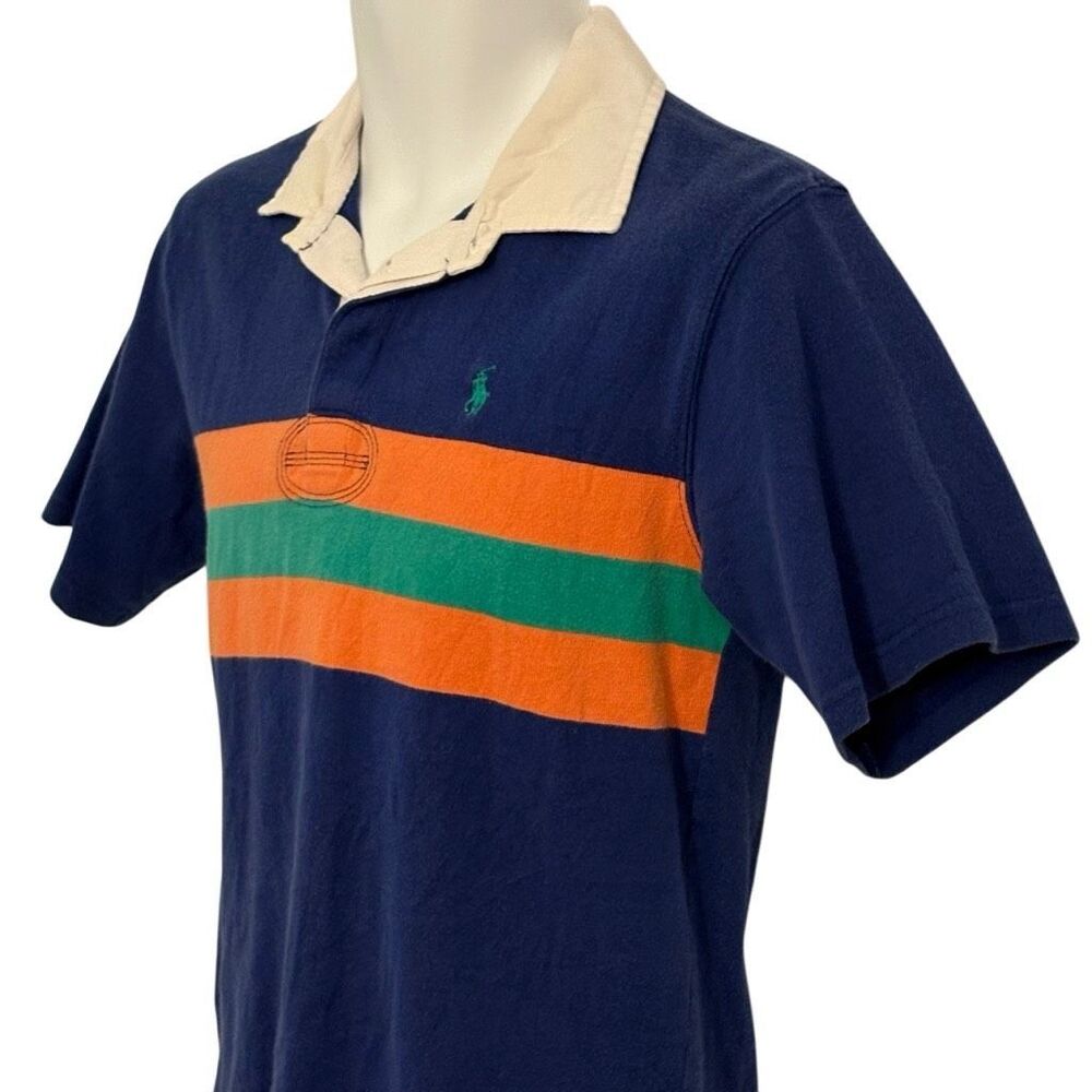 Ralph Lauren Navy Polo with Orange & Green Stripes and Cream Collar